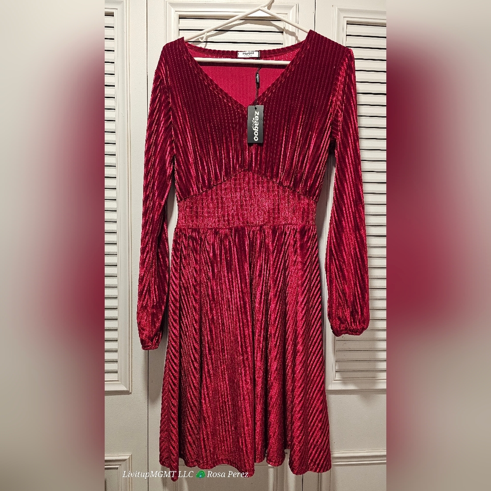 Zeagoo Velvet Dress V-Neck Long Sleeve Stretch Mini Dress